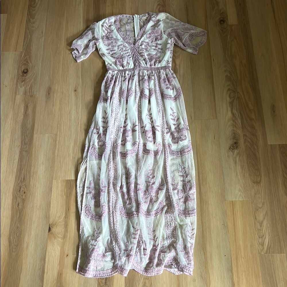 Altar'd State Pink Maxi Dress with Puff Sleeves and Plunge Neckline
